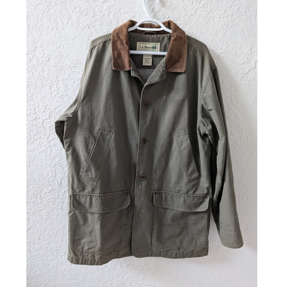 Vintage 90s L.L.Bean Barn Coat Mens L Olive Canvas Corduroy Collar - Picture 4 of 8